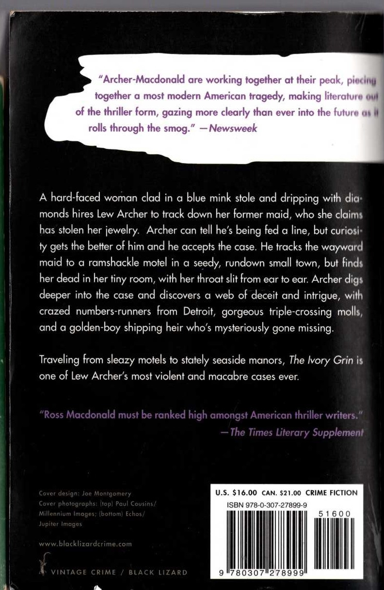 Ross Macdonald  THE IVORY GRIN magnified rear book cover image