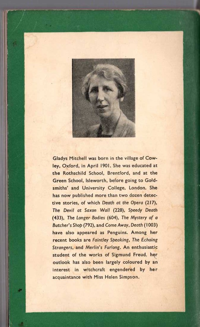 Gladys Mitchell  TOM BROWN'S BODY magnified rear book cover image