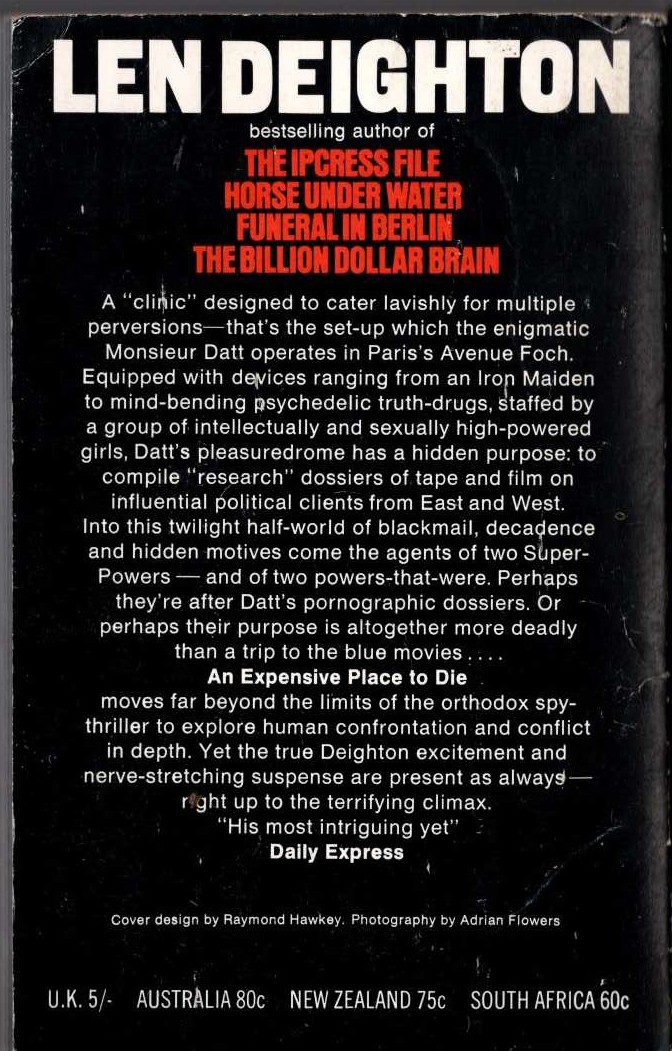 Len Deighton  AN EXPENSIVE PLACE TO DIE magnified rear book cover image