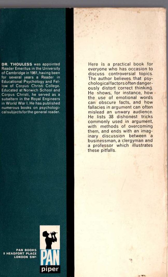 Robert H. Thouless  STRAIGHT AND CROOKED THINKING magnified rear book cover image