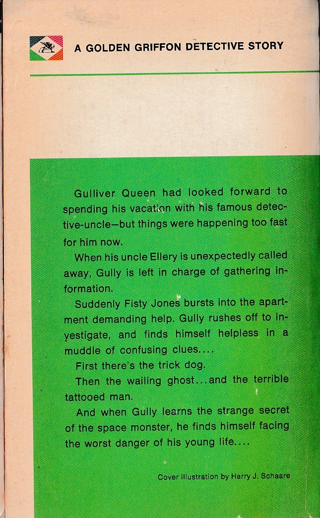Ellery Queen  THE MYSTERY OF THE MERRY MAGICIAN magnified rear book cover image