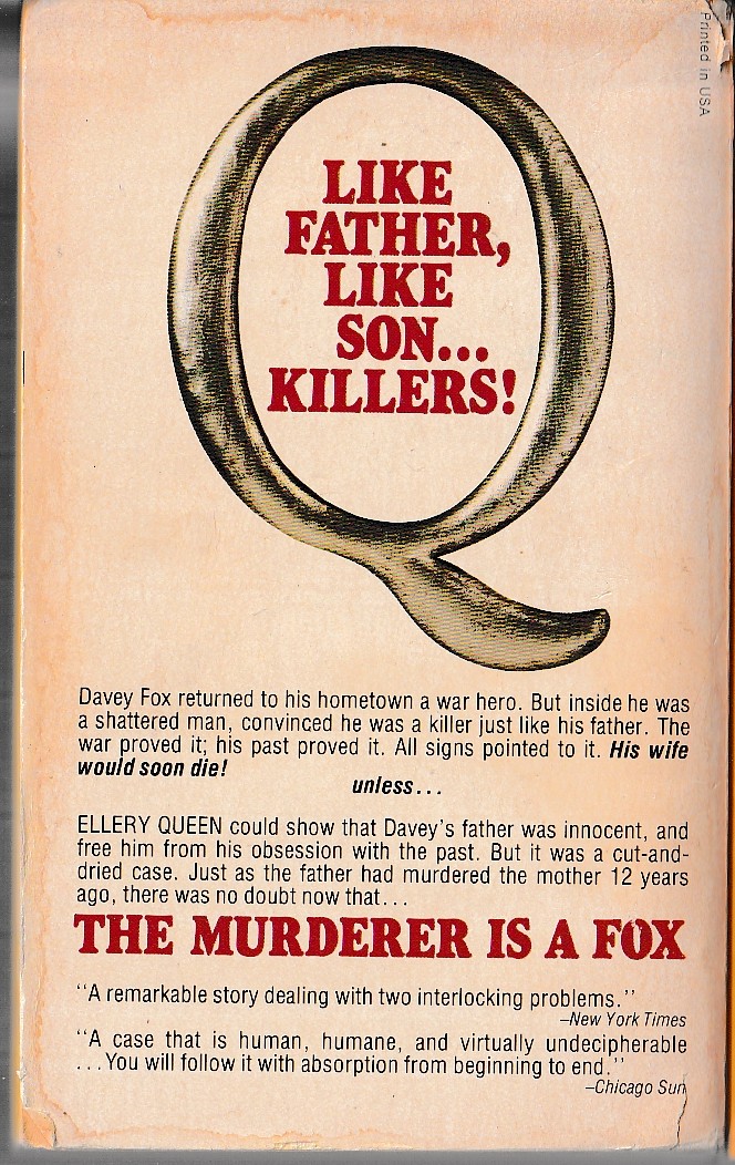 Ellery Queen  THE MURDERER IS A FOX magnified rear book cover image