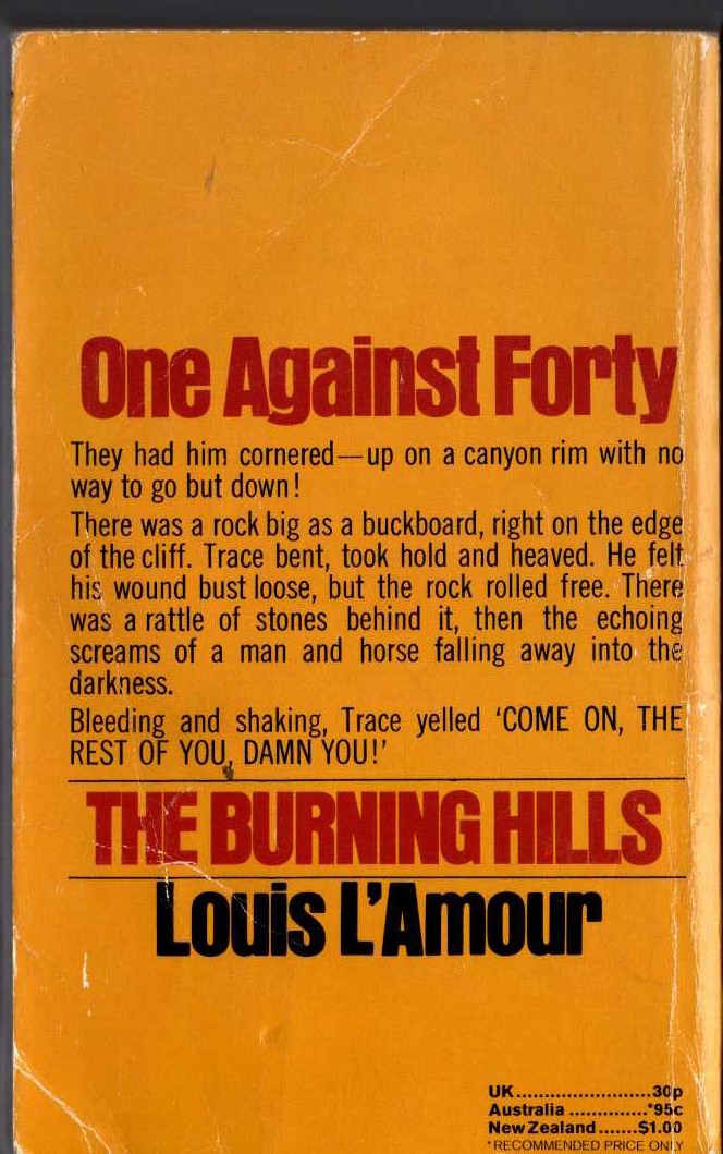 Louis L'Amour  THE BURNING HILLS magnified rear book cover image