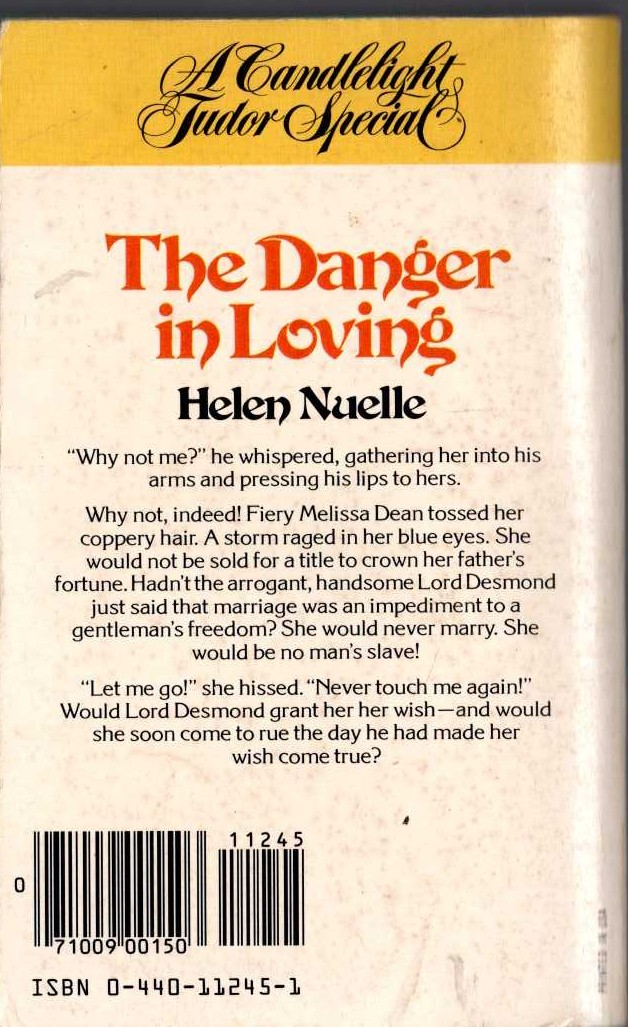 Helen Nuelle  THE DANGER IN LOVING magnified rear book cover image
