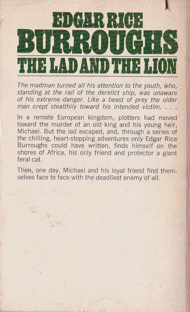 Edgar Rice Burroughs  THE LAD AND THE LION magnified rear book cover image