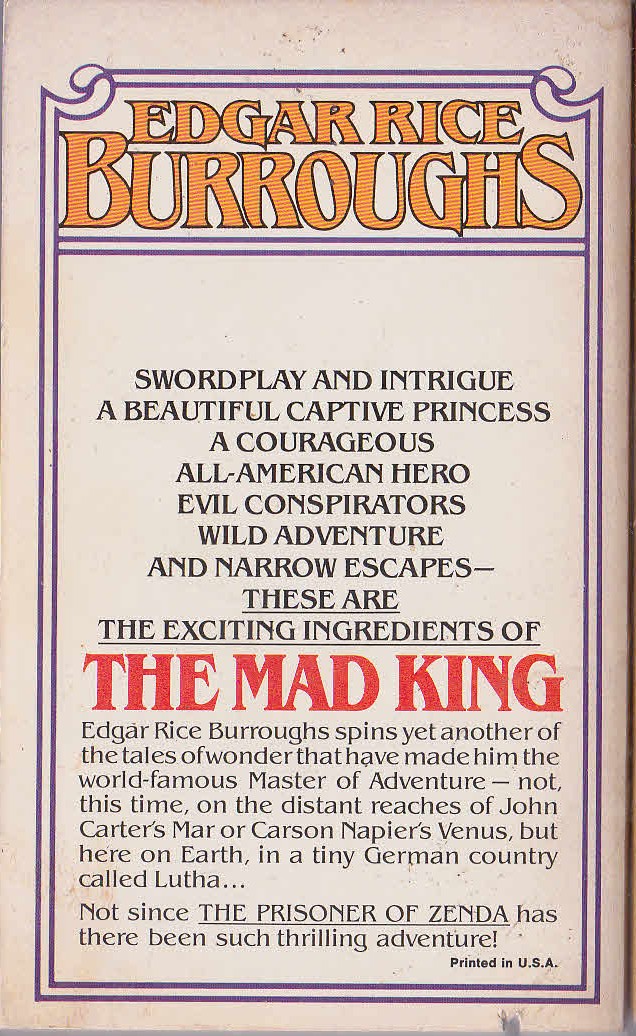 Edgar Rice Burroughs  THE MAD KING magnified rear book cover image