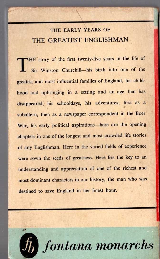Winston S. Churchill  MY EARLY LIFE magnified rear book cover image