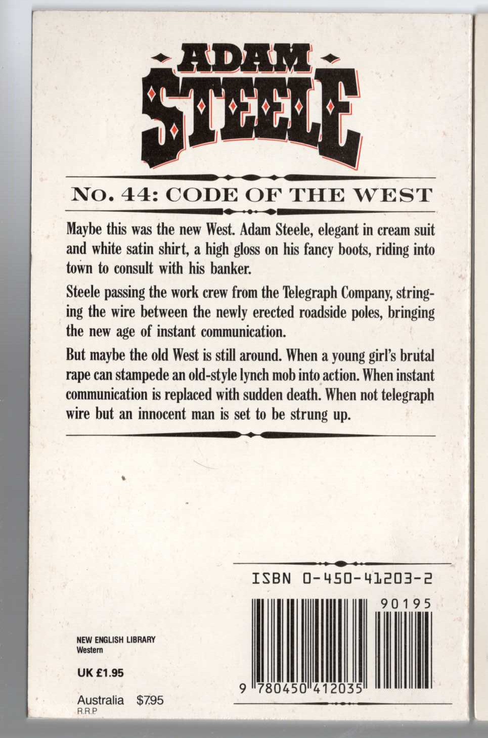 George G. Gilman  ADAM STEELE 44: CODE OF THE WEST magnified rear book cover image