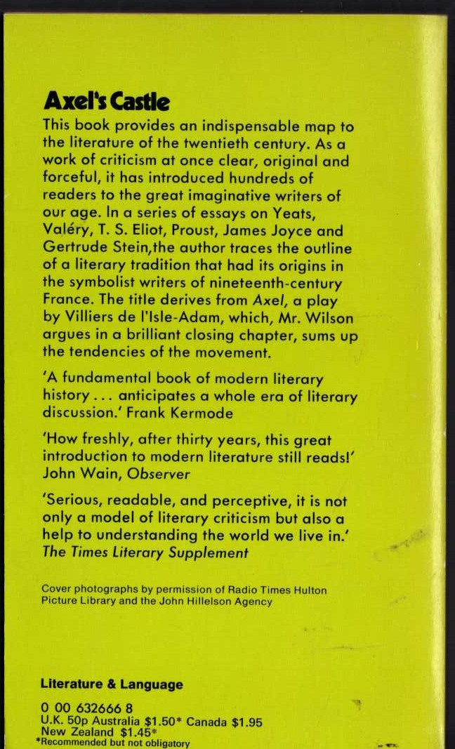 Edmund Wilson  AXEL'S CASTLE. Essays on Yeats, Valery, T.S.Eliot, Proust, James Joyce, Gertrude Stein magnified rear book cover image
