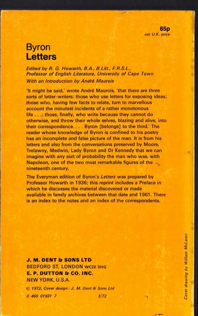 R.G. Howarth (edits) LETTERS (Lord Byron) magnified rear book cover image