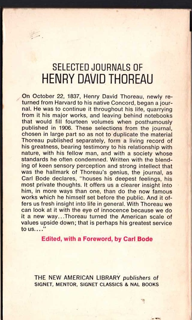 Carl Bode (edits) SELECTED JOURNALS OF HENRY THOREAU magnified rear book cover image