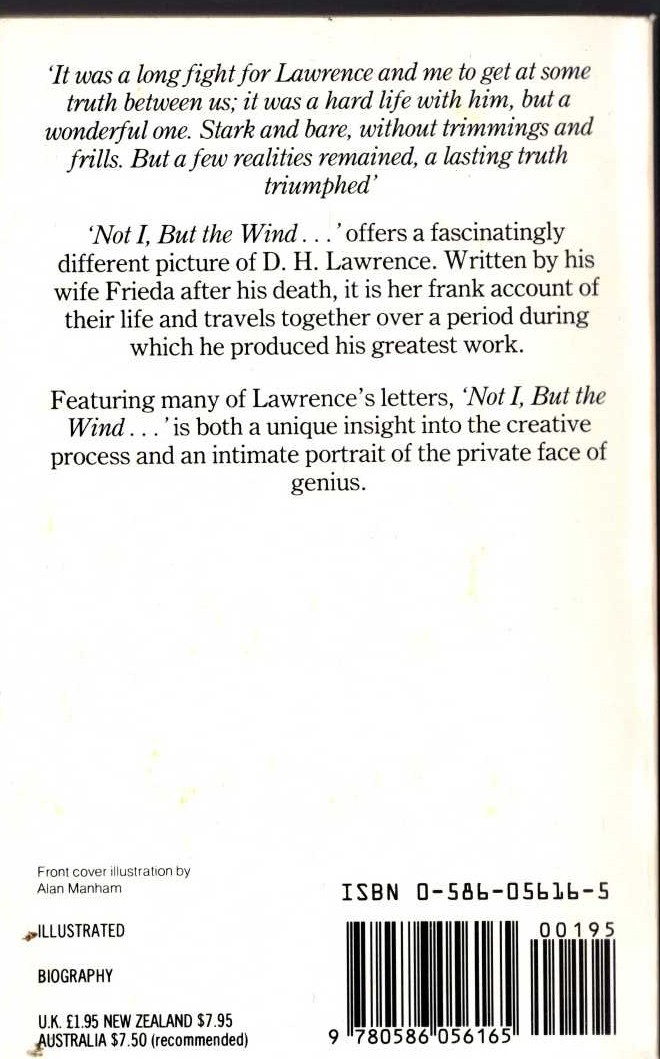 (Frieda Lawrence) 'NOT I, BUT THE WIND...' (Her life with D.H.Lawrence) magnified rear book cover image