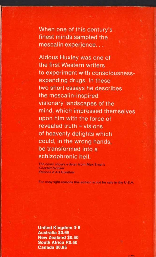 Aldous Huxley  THE DOORS OF PERCEPTION and HEAVEN AND HELL magnified rear book cover image