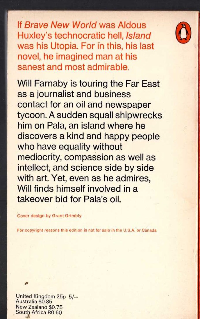 Aldous Huxley  ISLAND magnified rear book cover image