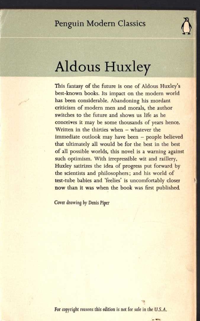 Aldous Huxley  BRAVE NEW WORLD magnified rear book cover image