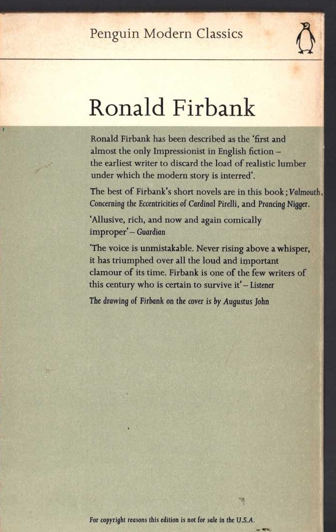 Ronald Firbank  VALMOUTH/ PRANCING NIGGER/ THE ECCENTRCITIES OF CARDINAL PIRELLI magnified rear book cover image