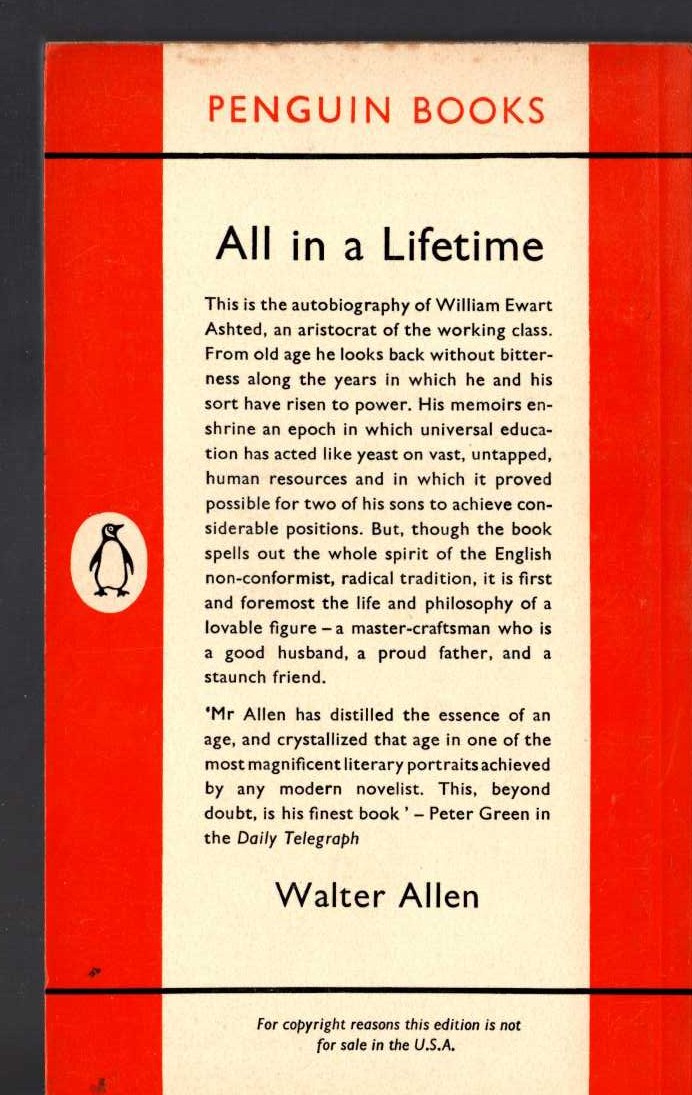 Walter Allen  ALL IN A LIFETIME magnified rear book cover image