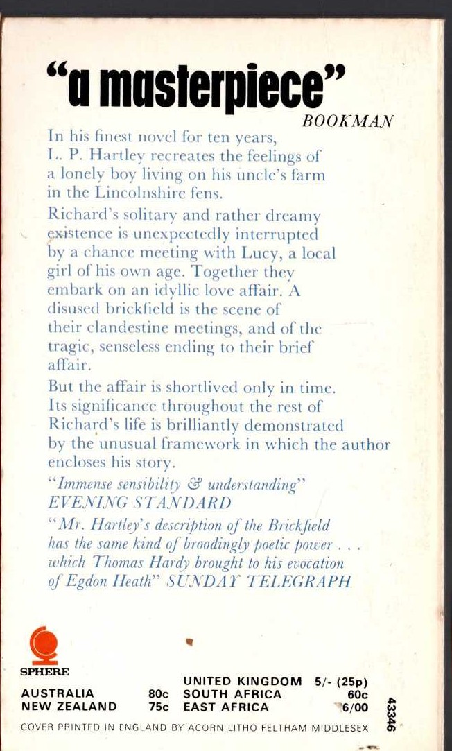 L.P. Hartley  THE BRICKFIELD magnified rear book cover image