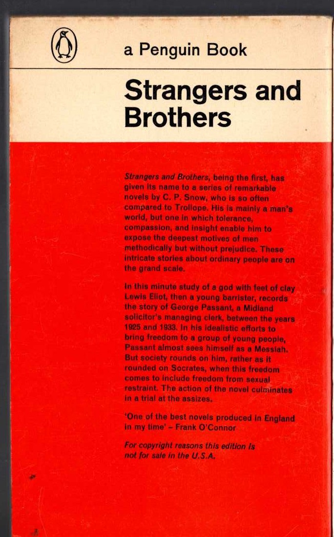 C.P. Snow  STRANGERS AND BROTHERS magnified rear book cover image