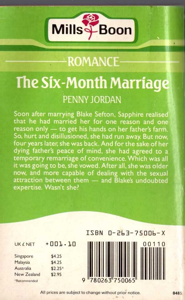 Penny Jordan  THE SIX-MONTH MARRIAGE magnified rear book cover image