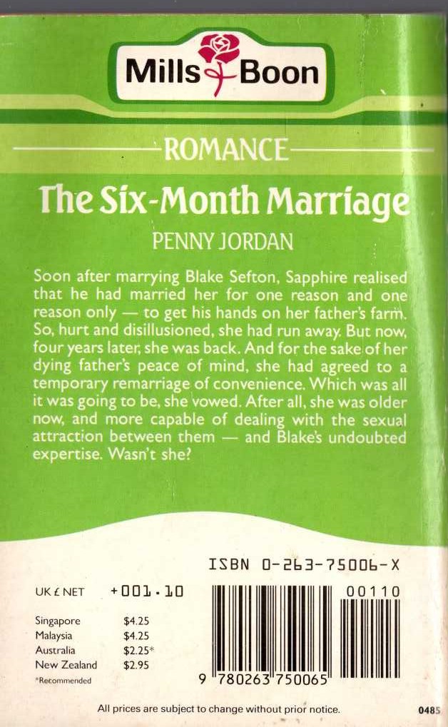 Penny Jordan  THE SIX-MONTH MARRIAGE magnified rear book cover image