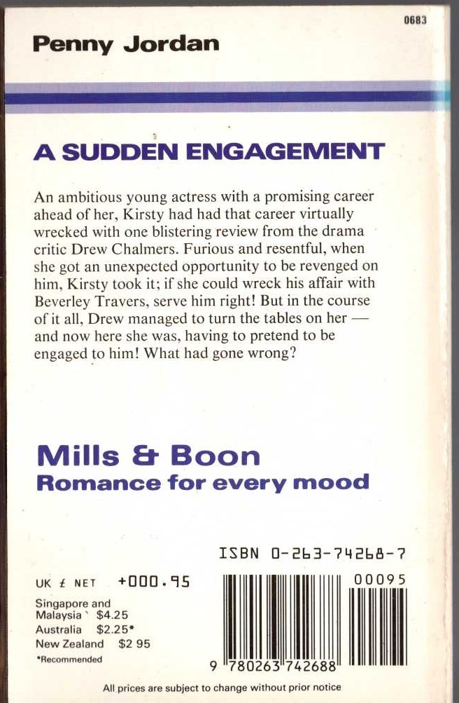 Penny Jordan  A SUDDEN ENGAGEMENT magnified rear book cover image