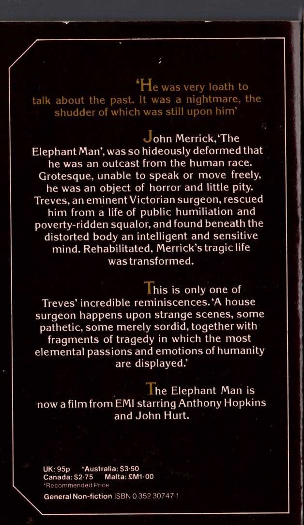 Sir Frederick Treves  THE ELEPHANT MAN and other Reminiscences magnified rear book cover image