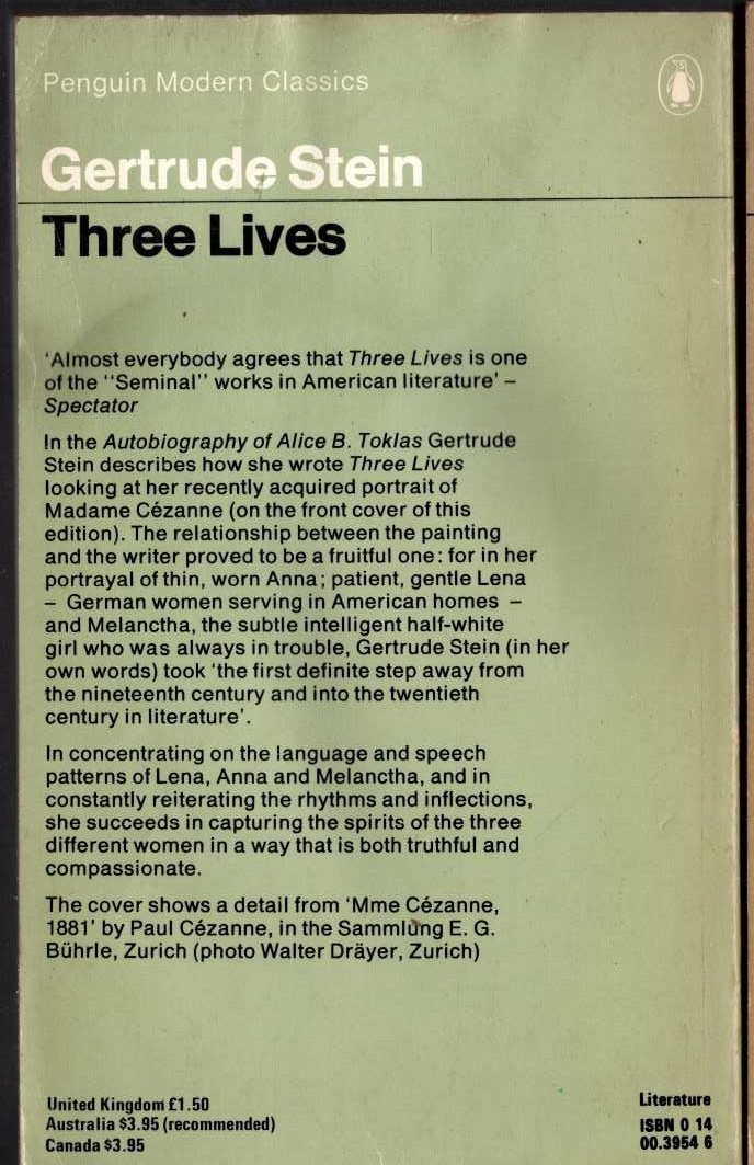 Gertrude Stein  THREE LIVES magnified rear book cover image