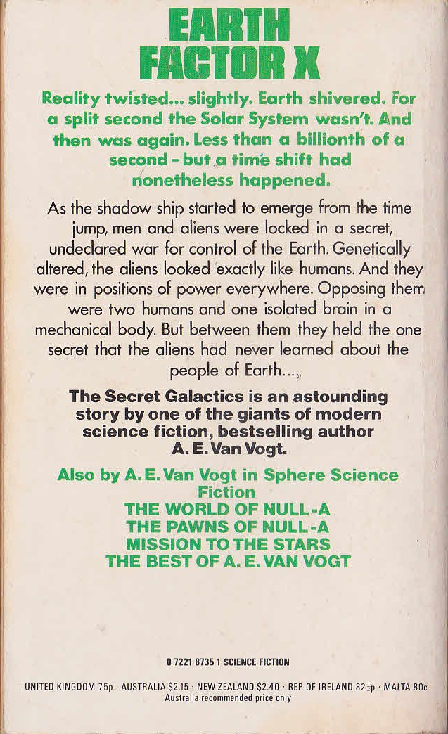 A.E. van Vogt  THE SECRET GALACTICS magnified rear book cover image