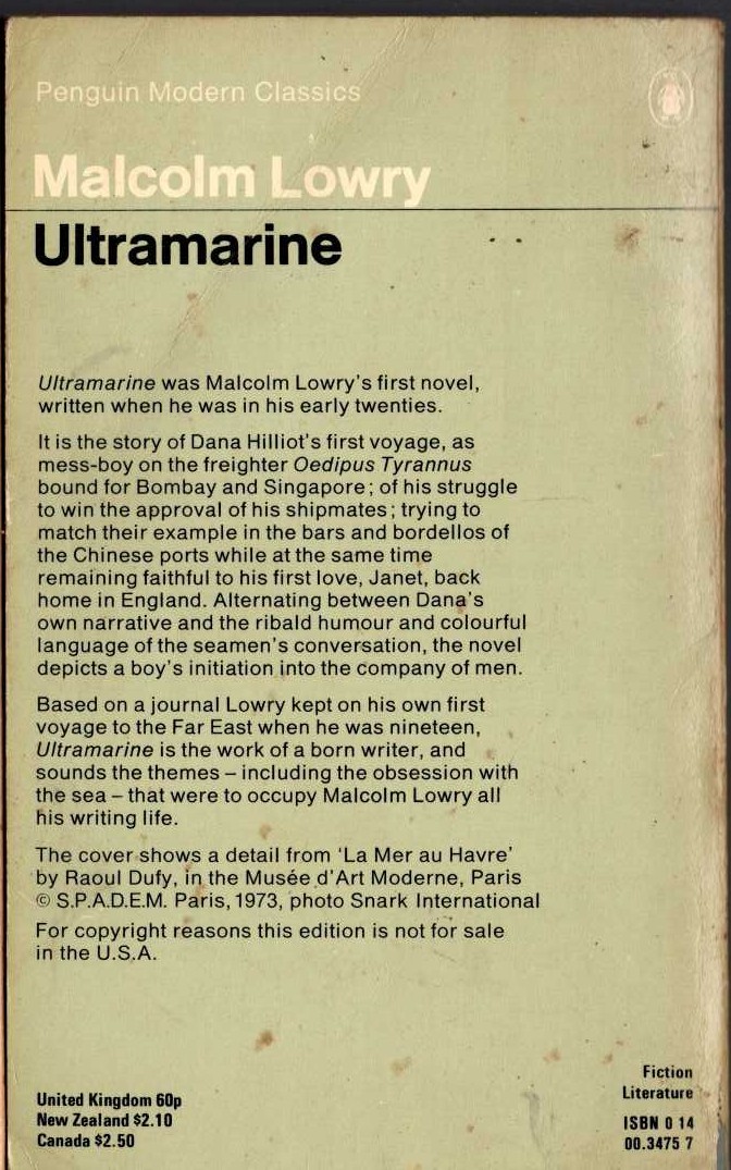 Malcolm Lowry  ULTRAMARINE magnified rear book cover image