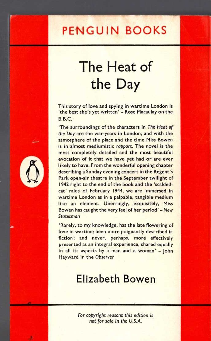 Elizabeth Bowen  THE HEAT OF THE DAY magnified rear book cover image