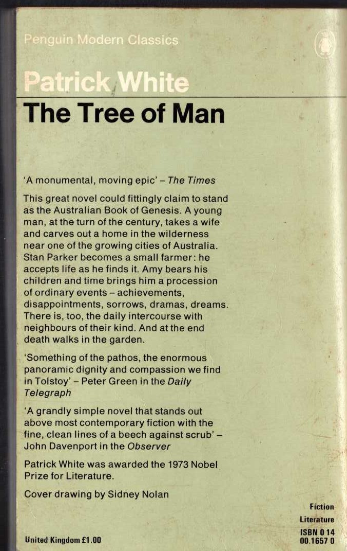 Patrick White  THE TREE OF MAN magnified rear book cover image
