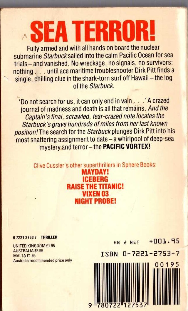 Clive Cussler  PACIFIC VORTEX! magnified rear book cover image
