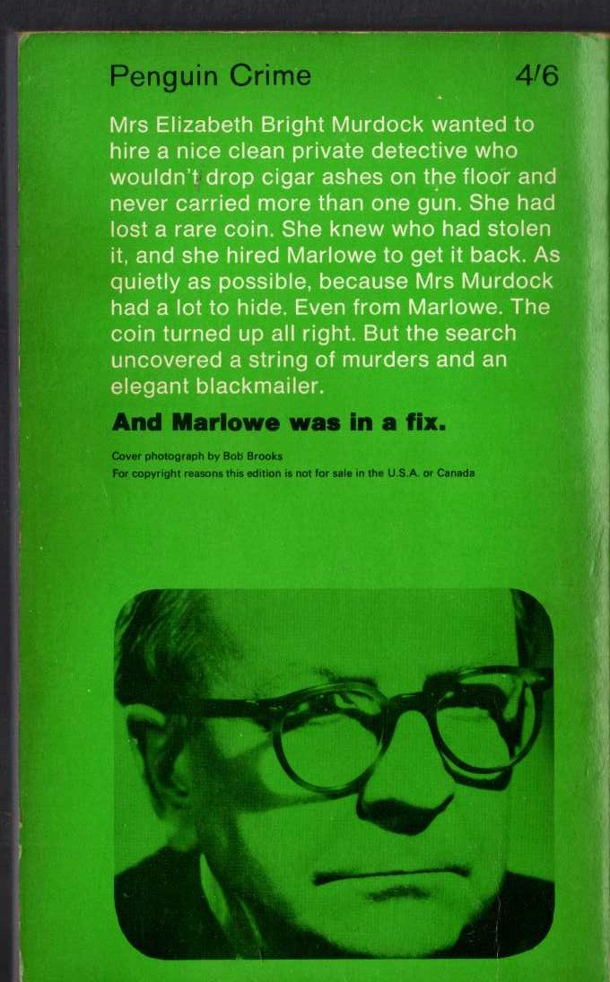 Raymond Chandler  THE HIGH WINDOW magnified rear book cover image