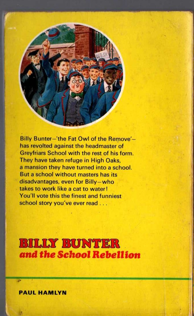 Frank Richards  BILLY BUNTER AND THE SCHOOL REBELLION magnified rear book cover image