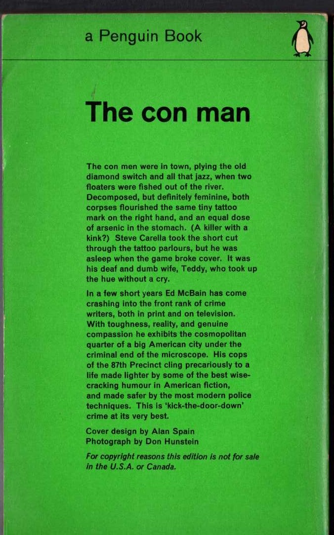 Ed McBain  THE CON MAN magnified rear book cover image
