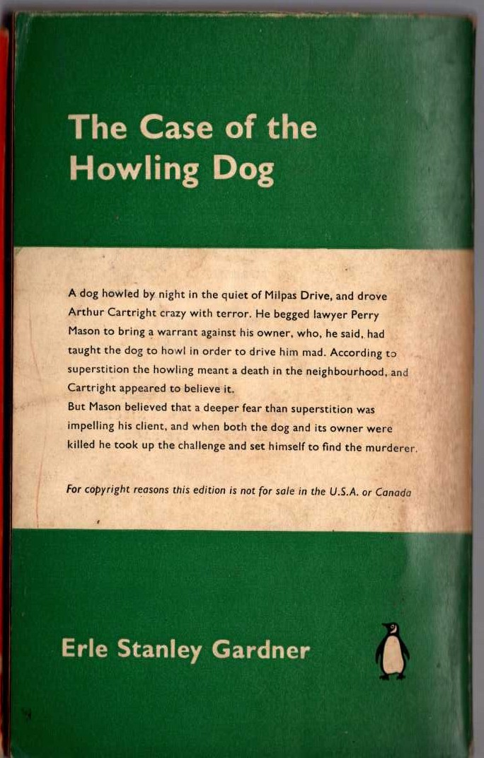 Erle Stanley Gardner  THE CASE OF THE HOWLING DOG magnified rear book cover image