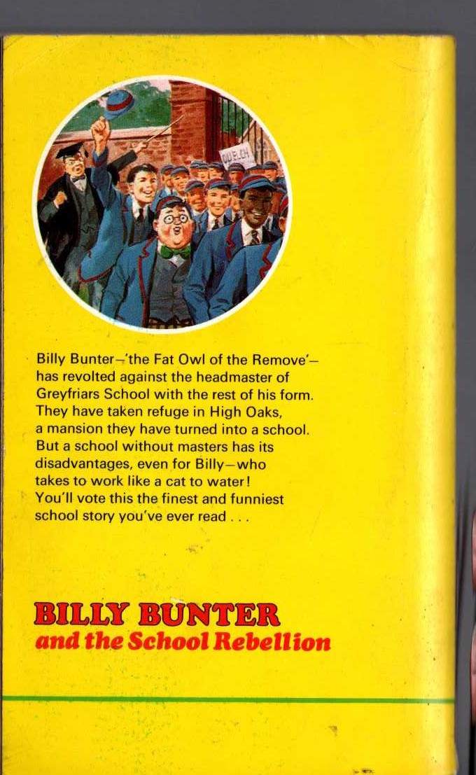 Frank Richards  BILLY BUNTER AND THE SCHOOL REBELLION magnified rear book cover image