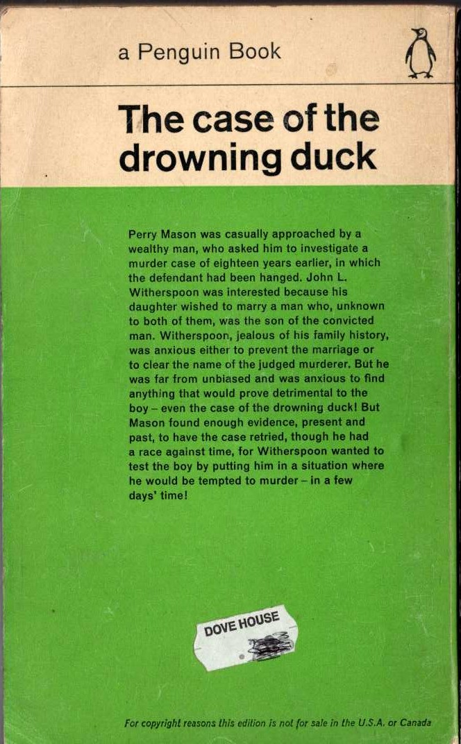 Erle Stanley Gardner  THE CASE OF THE DROWNING DUCK magnified rear book cover image