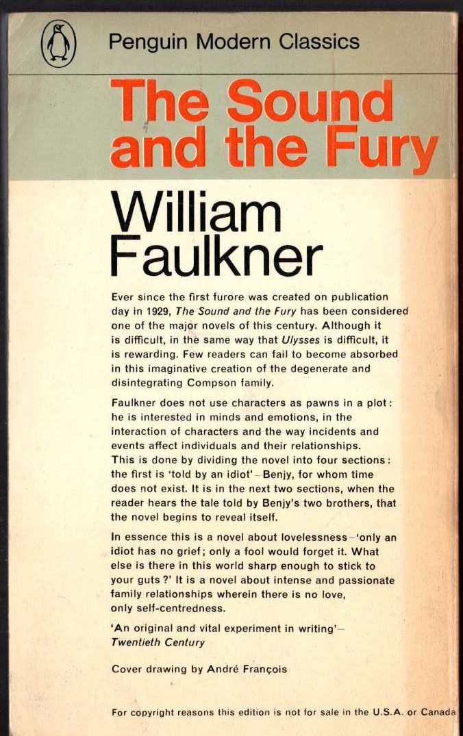 William Faulkner  THE SOUND AND THE FURY magnified rear book cover image