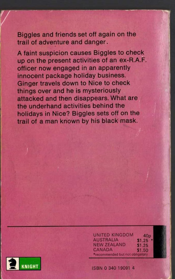 Captain W.E. Johns  BIGGLES AND THE BLACK MASK magnified rear book cover image