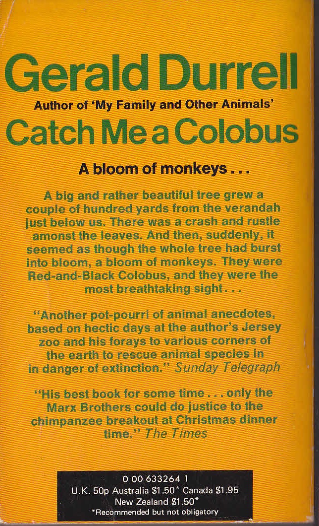 Gerald Durrell  CATCH ME A COLOBUS magnified rear book cover image