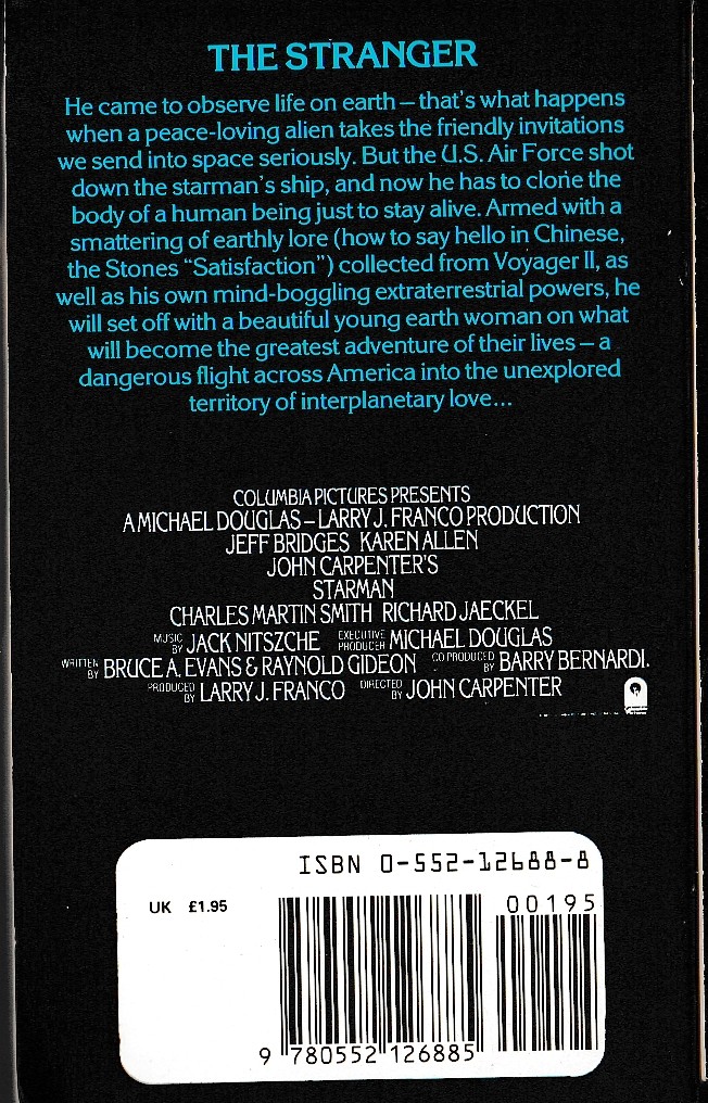 Alan Dean Foster  STARMAN (Film tie-in: Jeff Bridges) magnified rear book cover image