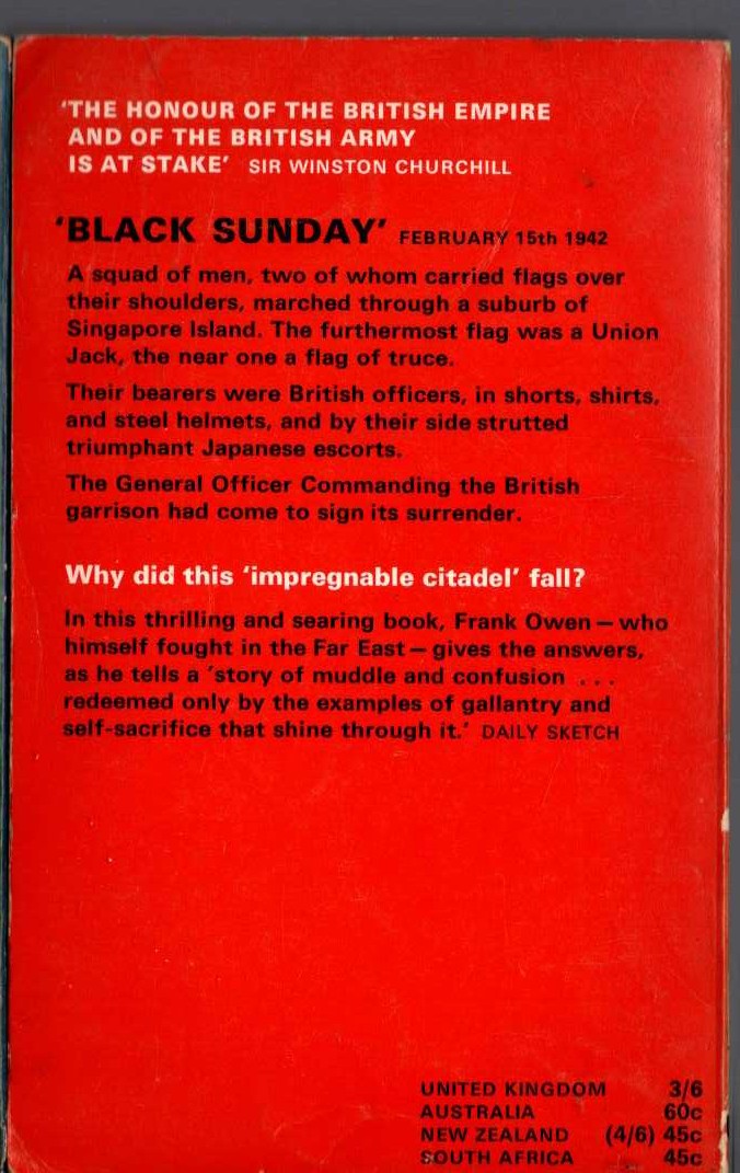Frank Owen  THE FALL OF SINGAPORE magnified rear book cover image