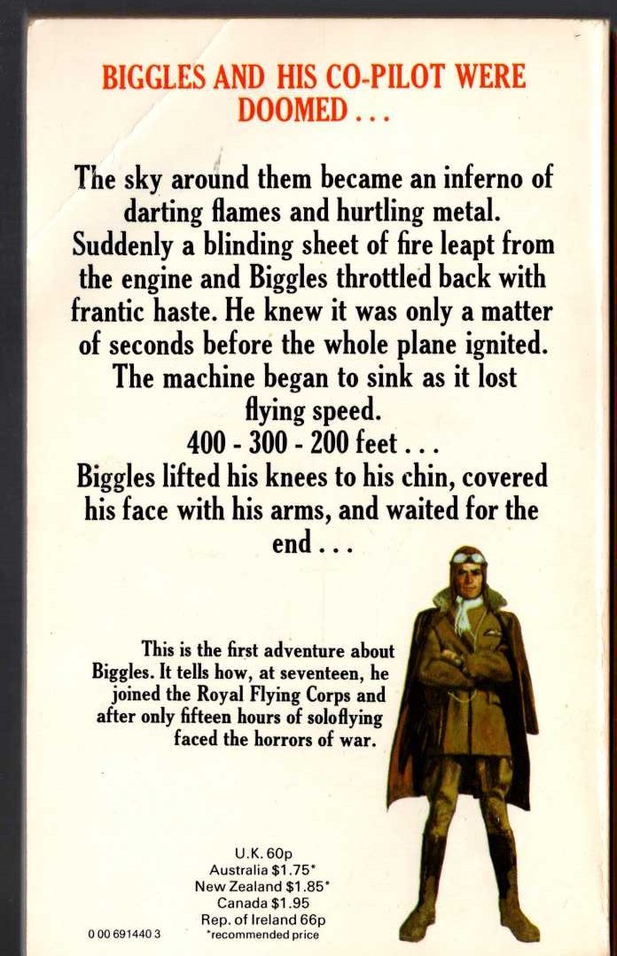 Captain W.E. Johns  BIGGLES LEARNS TO FLY magnified rear book cover image