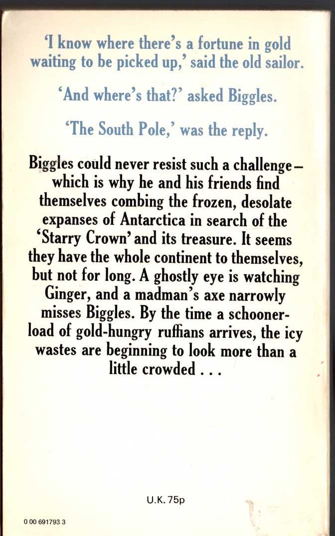 Captain W.E. Johns  BIGGLES IN THE ANTARCTIC magnified rear book cover image