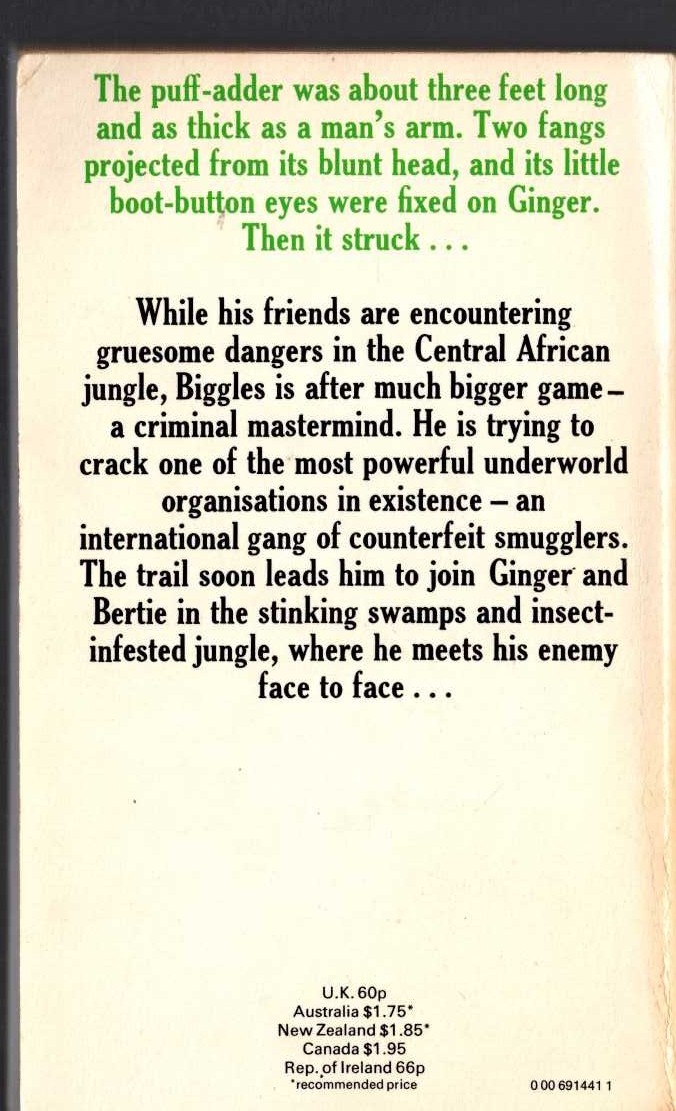 Captain W.E. Johns  BIGGLES HUNTS BIG GAME magnified rear book cover image