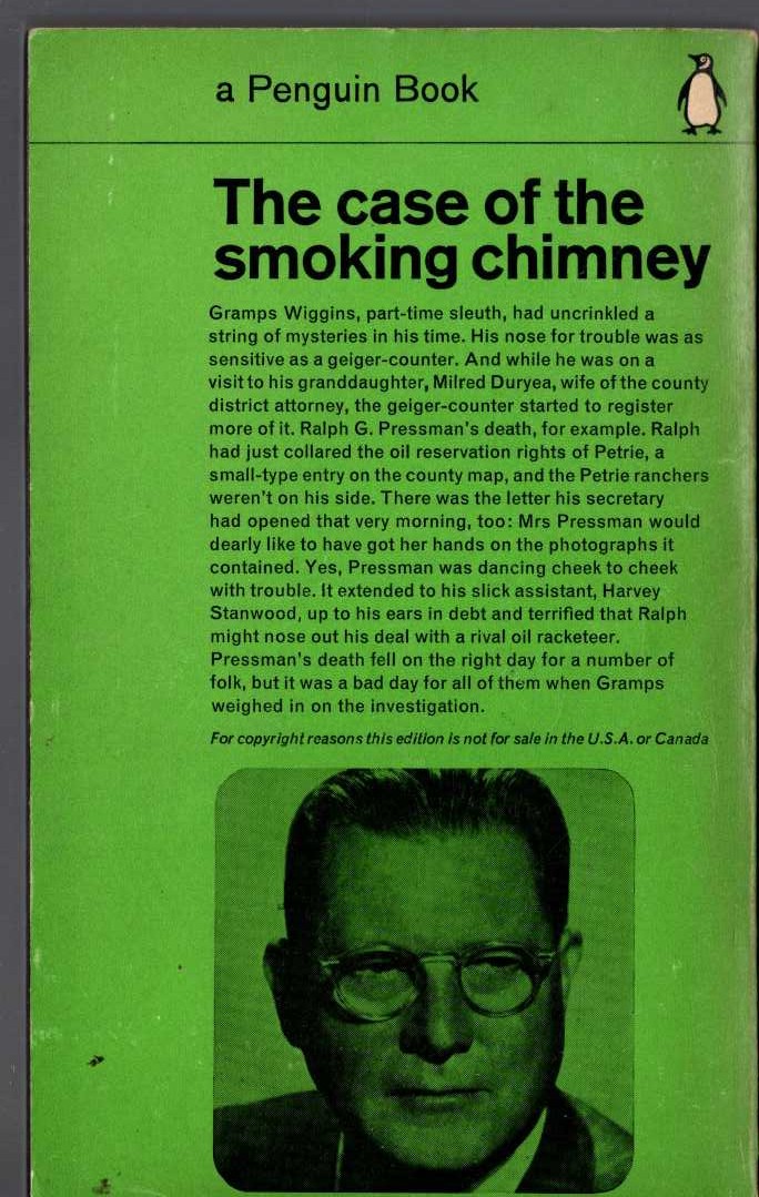 Erle Stanley Gardner  THE CASE OF THE SMOKING CHIMNEY magnified rear book cover image