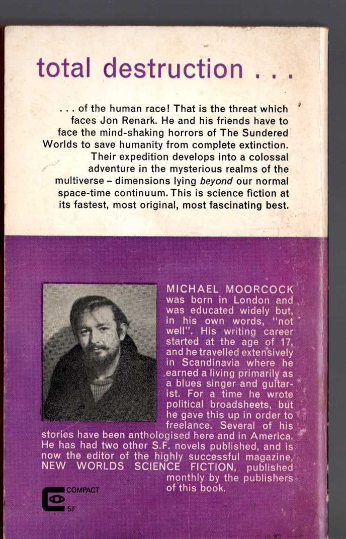 Michael Moorcock  THE SUNDERED WORLDS magnified rear book cover image