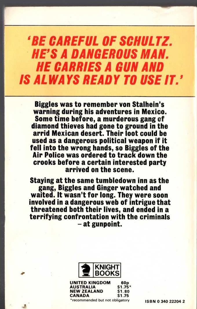 Captain W.E. Johns  BIGGLES IN MEXICO magnified rear book cover image
